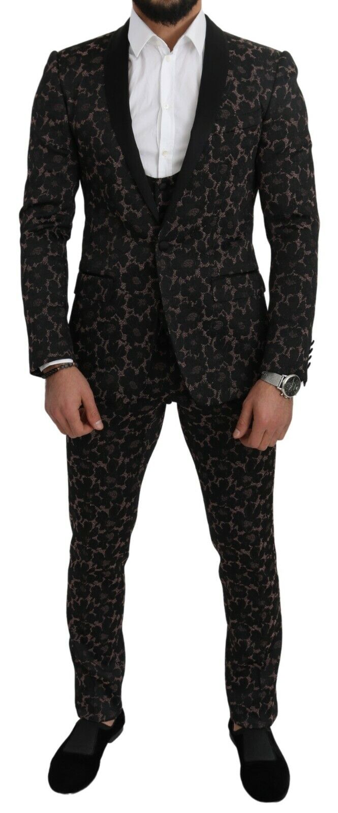 Anzug Schwarz Floral 3 Stück Slim Tuxedo