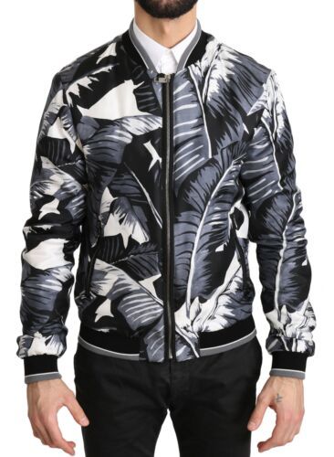 Schwarze Bomberjacke aus Seide mit Bananenblattdruck