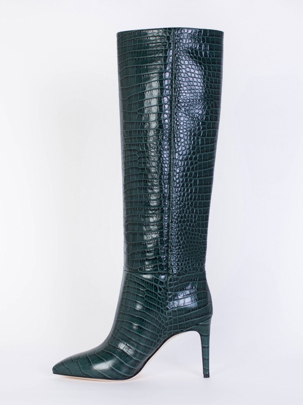 Grüner Stiletto-Stiefel mit Krokolederdruck 85
