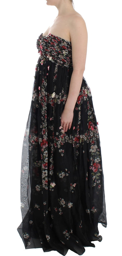 Masterpiece Schwarzes Laufstegkleid aus Seide mit Blumendruck