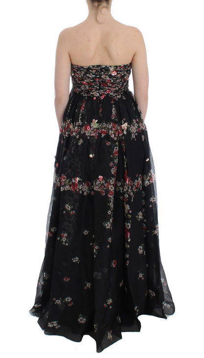 Masterpiece Schwarzes Laufstegkleid aus Seide mit Blumendruck