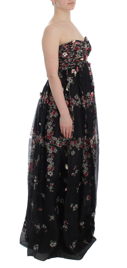 Masterpiece Schwarzes Laufstegkleid aus Seide mit Blumendruck