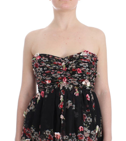 Masterpiece Schwarzes Laufstegkleid aus Seide mit Blumendruck