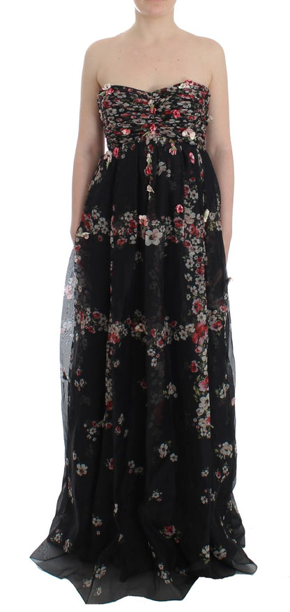 Masterpiece Schwarzes Laufstegkleid aus Seide mit Blumendruck
