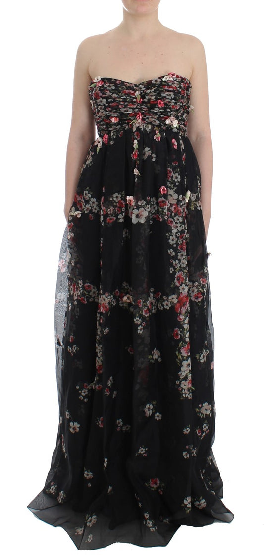 Masterpiece Schwarzes Laufstegkleid aus Seide mit Blumendruck