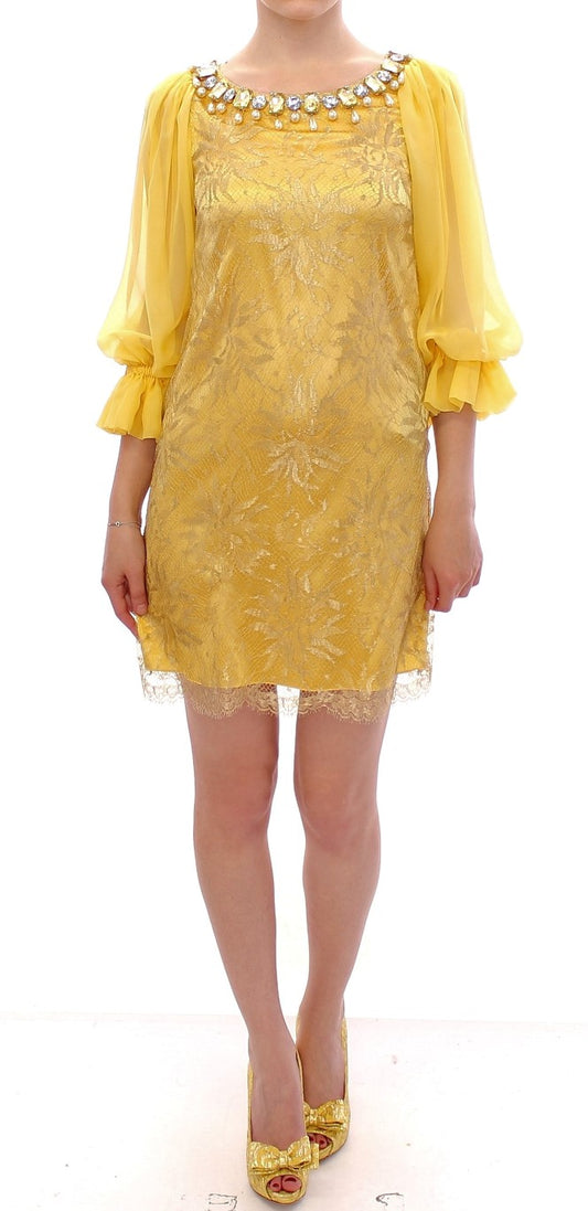 Gelbes Spitzen-Kristall-Minikleid