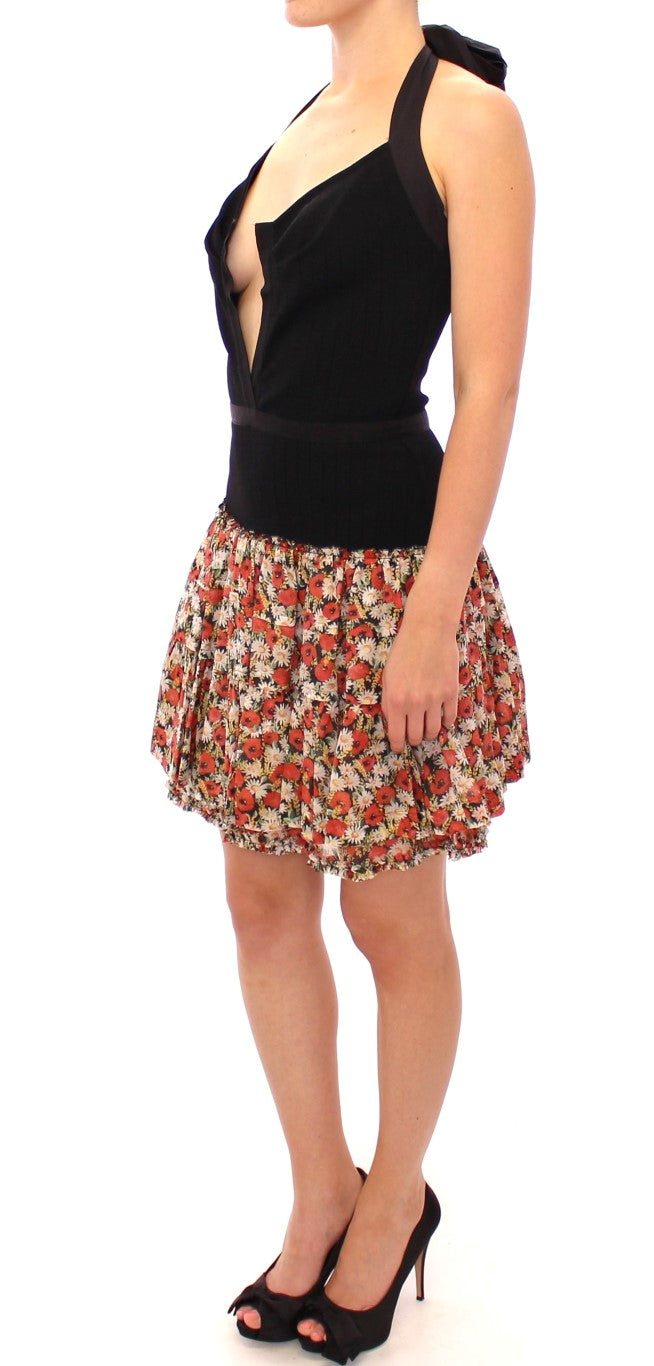 Multicolor geblümtes Kleid mit Neckholder-Ausschnitt