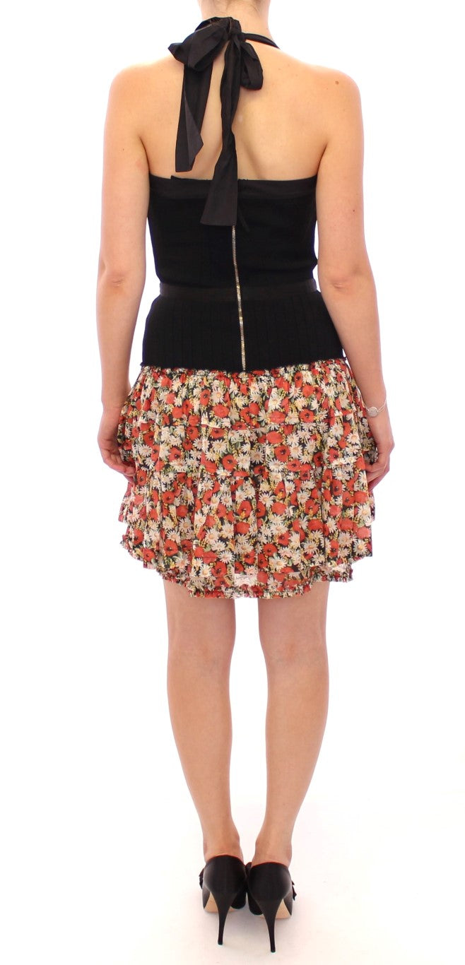 Multicolor geblümtes Kleid mit Neckholder-Ausschnitt