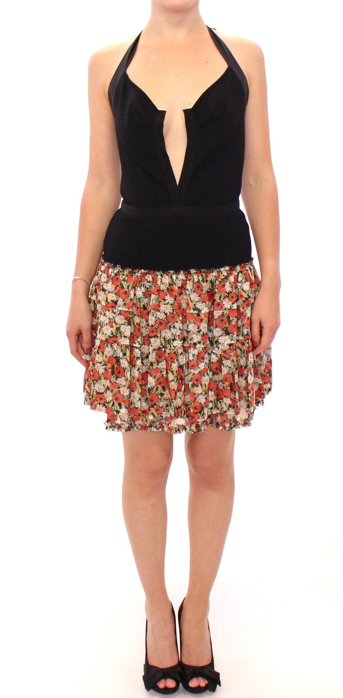 Multicolor geblümtes Kleid mit Neckholder-Ausschnitt