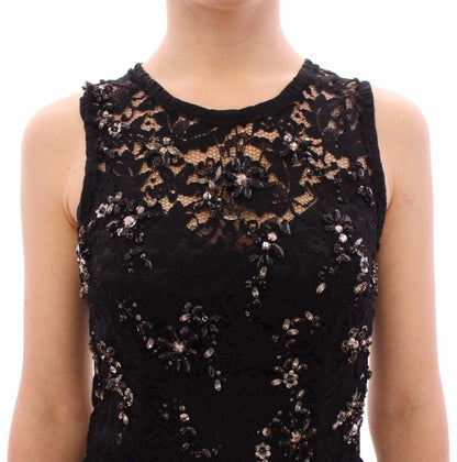 Schwarzes Kleid aus geblümter Spitze mit Kristalleinlage