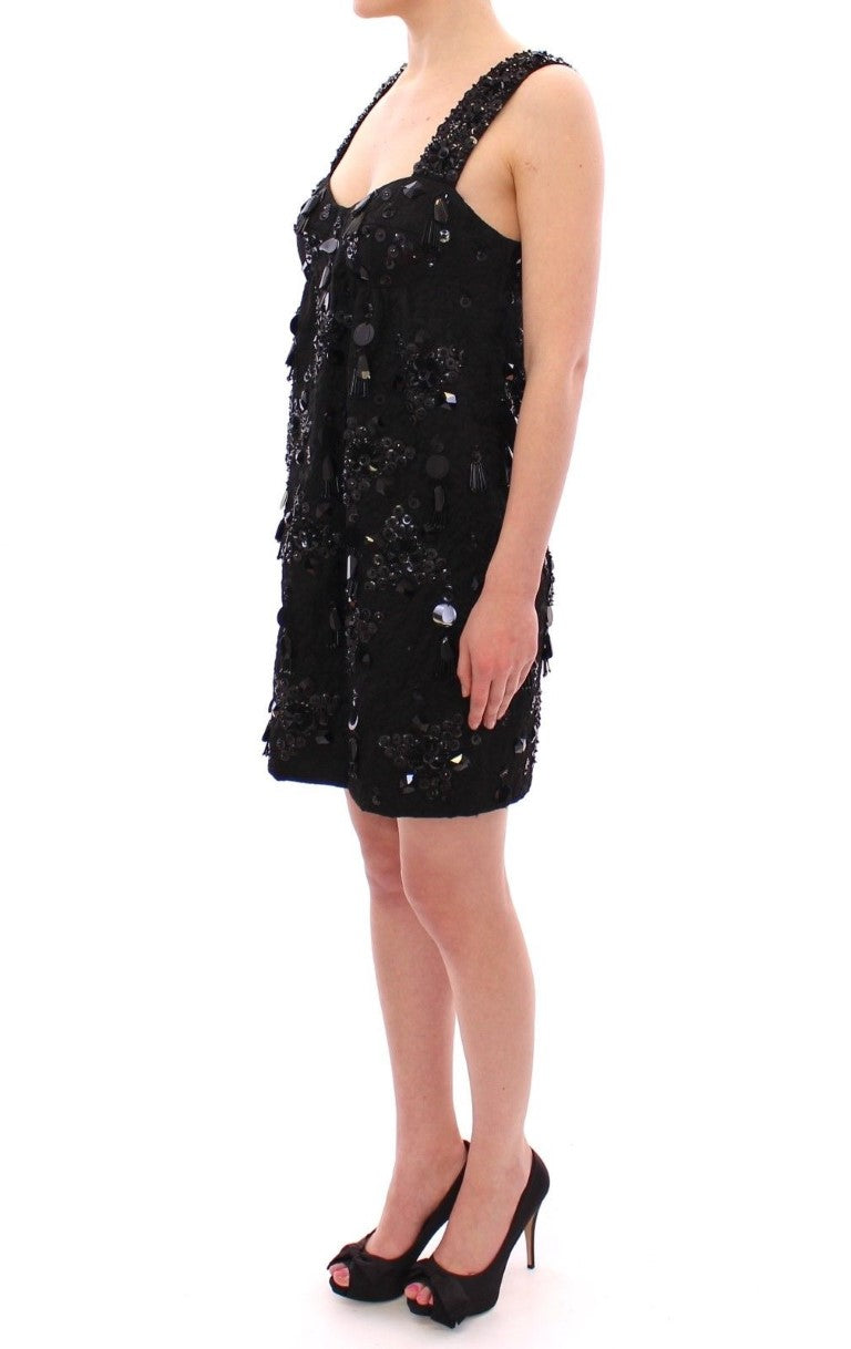 Schwarzes geblümtes, kristallbesetztes Kleid
