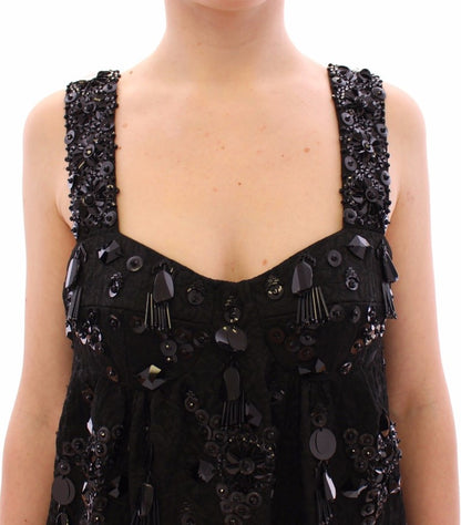 Schwarzes geblümtes, kristallbesetztes Kleid