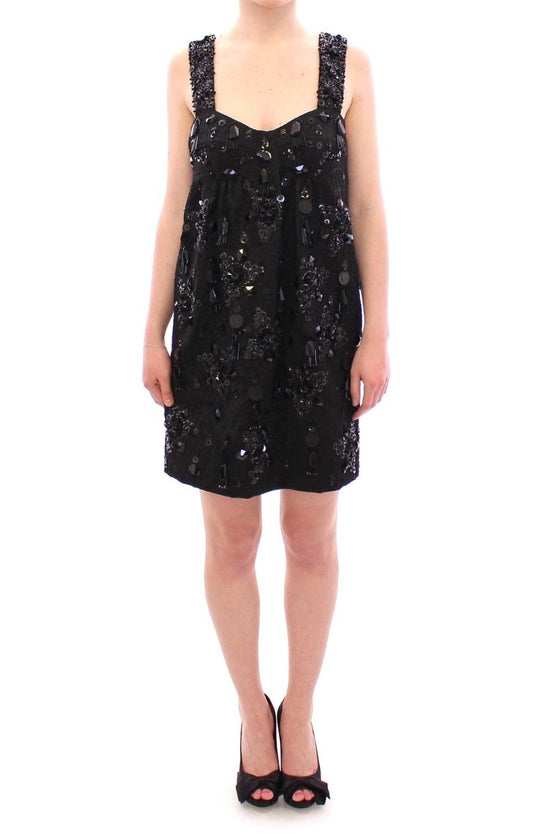 Schwarzes geblümtes, kristallbesetztes Kleid