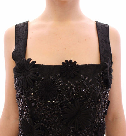 Schwarzes geblümtes, kristallbesetztes Kleid