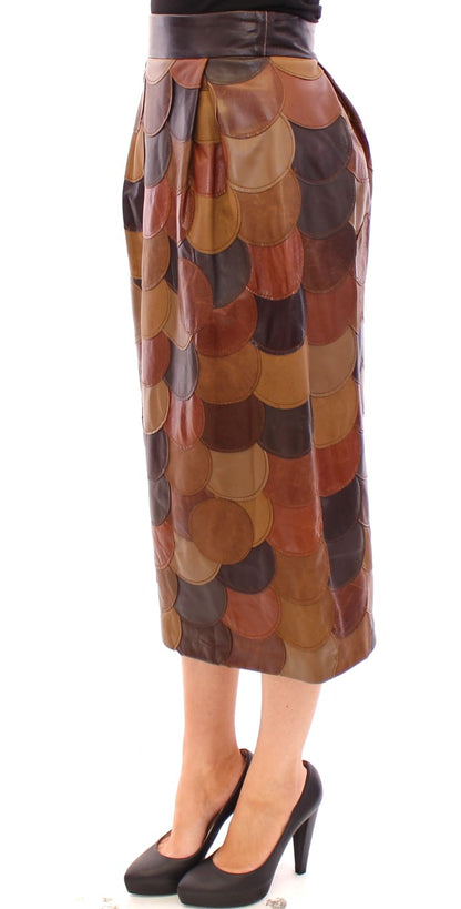 Brauner gerader Rock aus Patchwork-Leder