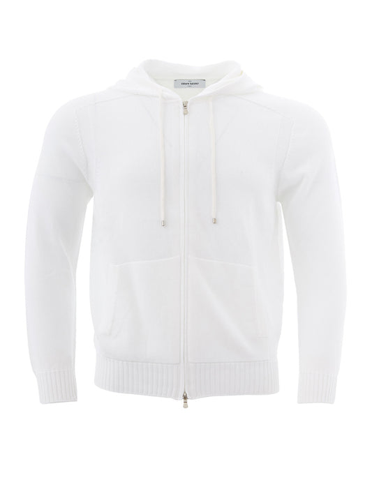 Weißer Baumwollpullover mit Kapuze und durchgehendem Reißverschluss