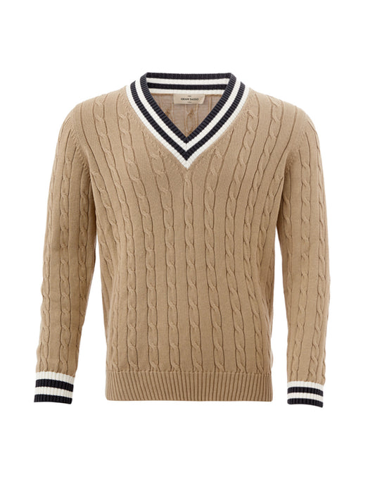 Beigefarbener Baumwollpullover aus Zopfmuster
