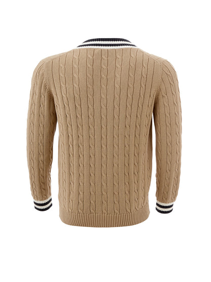 Beigefarbener Baumwollpullover aus Zopfmuster
