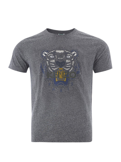 T-Shirt aus grau melierter Baumwolle mit kontrastierendem Tiger-Print