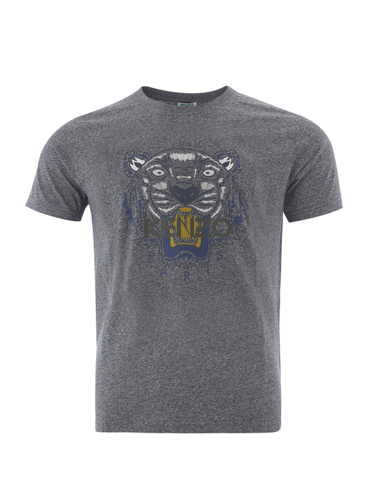 T-Shirt aus grau melierter Baumwolle mit kontrastierendem Tiger-Print