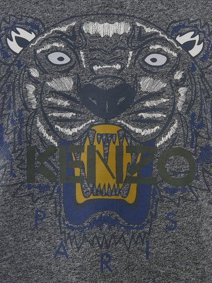T-Shirt aus grau melierter Baumwolle mit kontrastierendem Tiger-Print