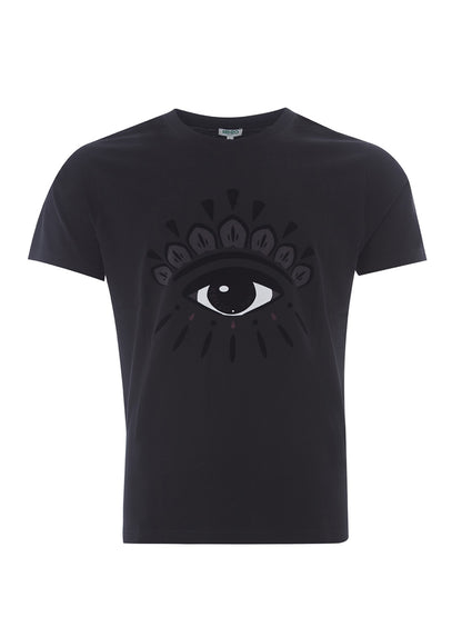 Schwarzes T-Shirt aus Baumwolle mit Augenaufdruck auf der Vorderseite