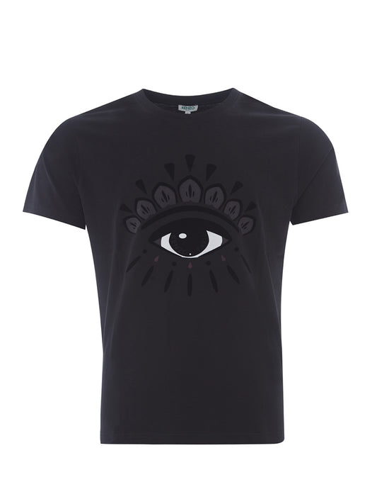 Schwarzes T-Shirt aus Baumwolle mit Augenaufdruck auf der Vorderseite