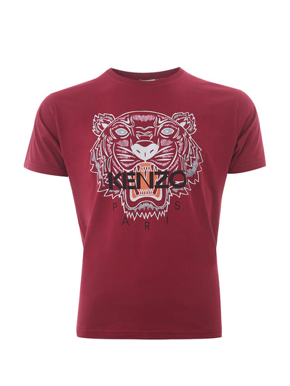 Bordeauxfarbenes T-Shirt aus Baumwolle mit Tiger-Print und schwarzem Logo