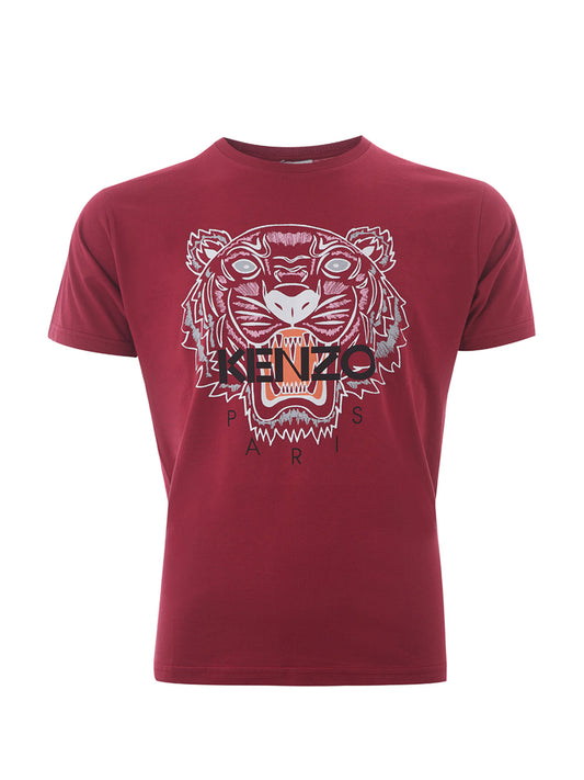 Bordeauxfarbenes T-Shirt aus Baumwolle mit Tiger-Print und schwarzem Logo