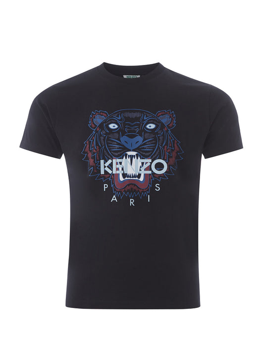 Schwarzes T-Shirt aus Baumwolle mit Tiger-Print und Logo auf der Vorderseite