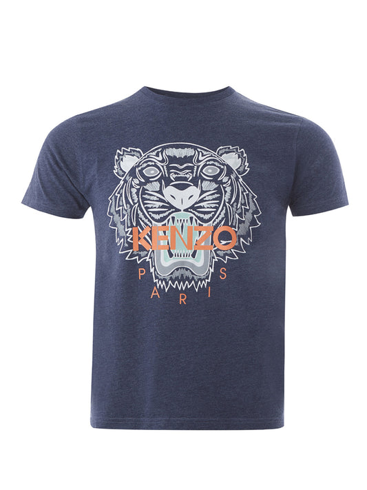 Blaues T-Shirt aus Baumwolle mit Tiger-Print und Logo auf der Vorderseite in Orange