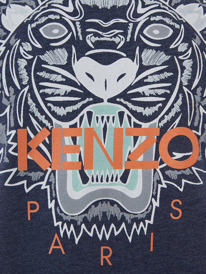 Blaues T-Shirt aus Baumwolle mit Tiger-Print und Logo auf der Vorderseite in Orange