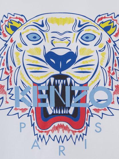 Weißes Baumwoll-T-Shirt mit Tiger-Multicolor-Print und Logo auf der Vorderseite in Blau