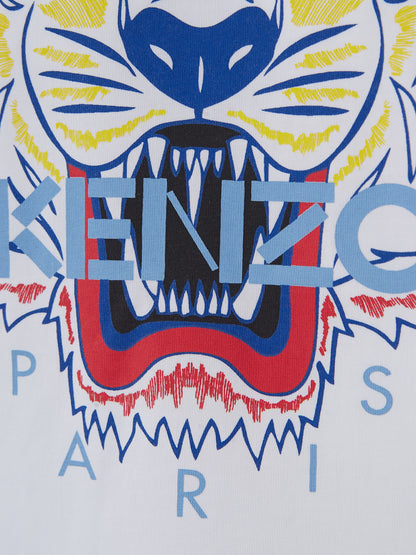 Weißes Baumwoll-T-Shirt mit Tiger-Multicolor-Print und Logo auf der Vorderseite in Blau
