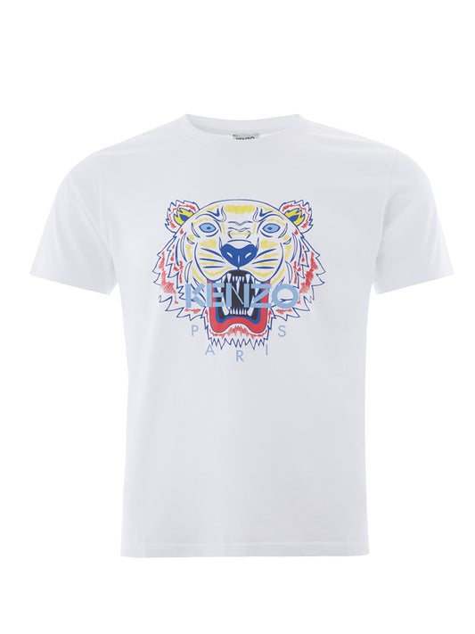 Weißes Baumwoll-T-Shirt mit Tiger-Multicolor-Print und Logo auf der Vorderseite in Blau