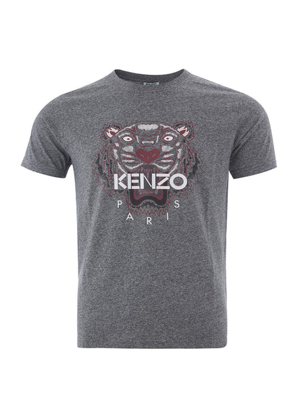 Graues Baumwoll-T-Shirt mit Tiger-Print und Logo auf der Vorderseite in Weiß