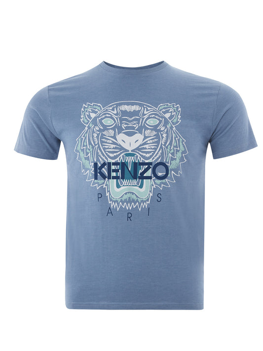 Blaues T-Shirt aus Baumwolle mit Tiger-Print und Logo auf der Vorderseite