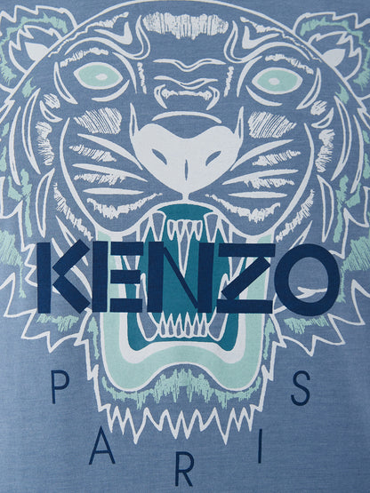 Blaues T-Shirt aus Baumwolle mit Tiger-Print und Logo auf der Vorderseite