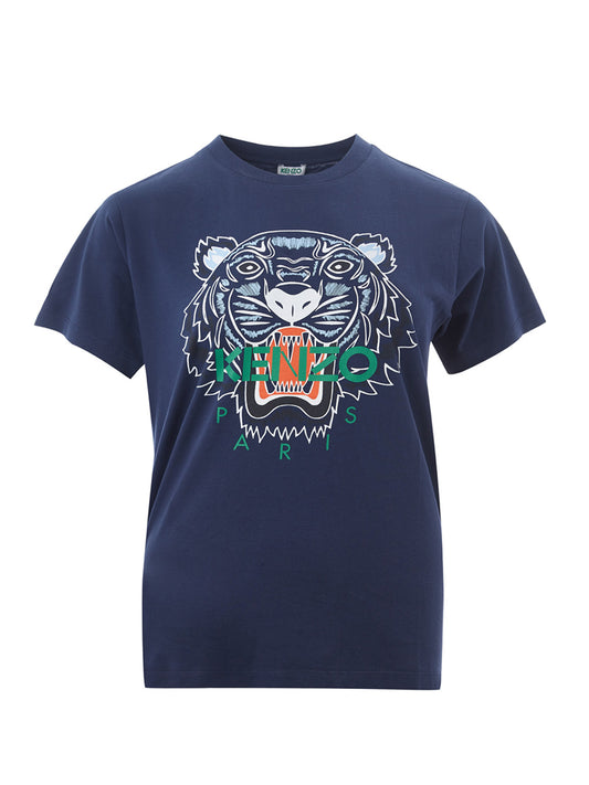 Blau bedrucktes Baumwoll-Tiger-T-Shirt mit grünem Logo
