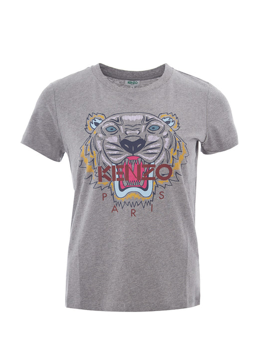 Graues bedrucktes Baumwoll-Tiger-T-Shirt mit rotem Logo