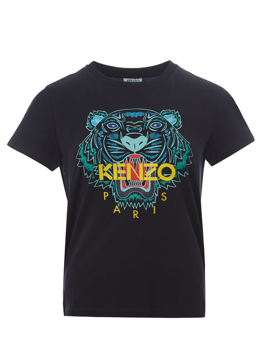 Schwarzes bedrucktes Baumwoll-Tiger-T-Shirt mit gelbem Logo