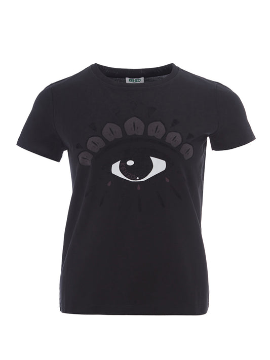 Schwarzes T-Shirt mit bedrucktem Baumwoll-Auge