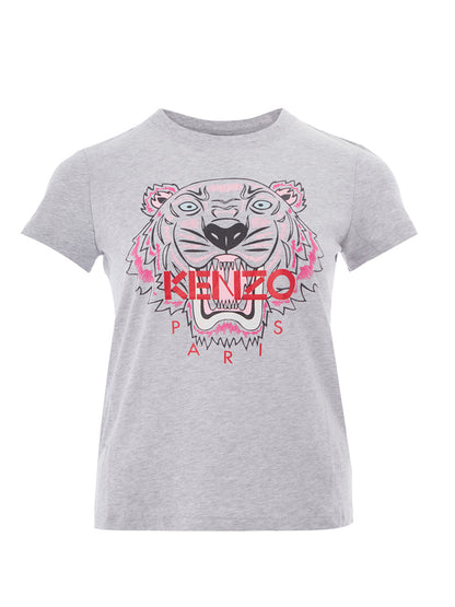 Graues T-Shirt aus melierter Baumwolle mit aufgedrucktem Tiger