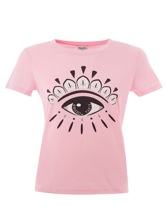 Rosa Baumwoll-T-Shirt mit aufgedruckter Augenfront