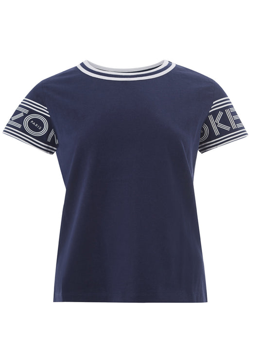 Blaues T-Shirt aus Baumwolle mit kontrastierendem Logo auf den Ärmeln