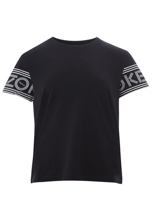 Schwarzes T-Shirt aus Baumwolle mit kontrastierendem Logo auf den Ärmeln
