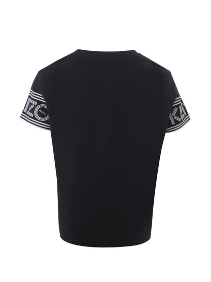 Schwarzes T-Shirt aus Baumwolle mit kontrastierendem Logo auf den Ärmeln