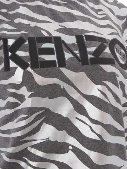 Graues Baumwoll-T-Shirt mit metallischem Animalier-Print Allover