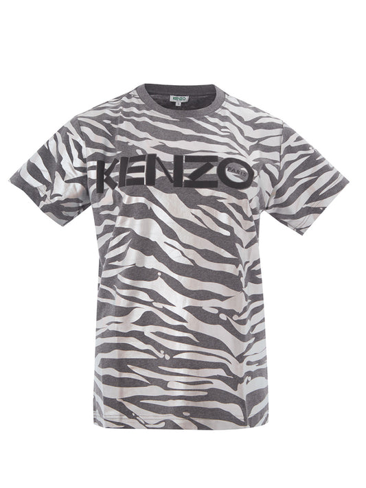 Graues Baumwoll-T-Shirt mit metallischem Animalier-Print Allover