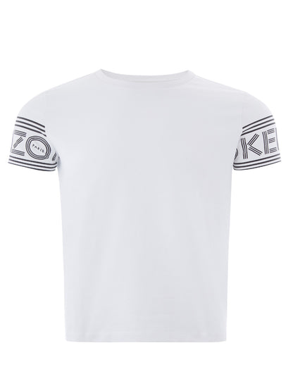 Weißes Baumwoll-T-Shirt mit kontrastierendem Logo auf den Ärmeln